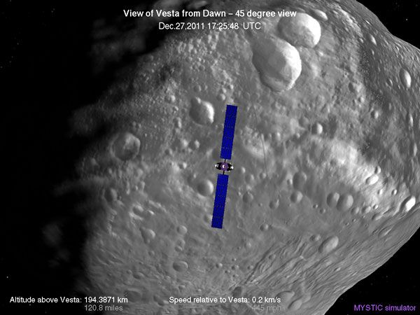 A computer-generated image depicting the Dawn spacecraft's current position above asteroid Vesta.