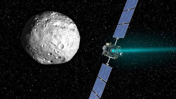 A composite image of the Dawn spacecraft departing from asteroid Vesta.