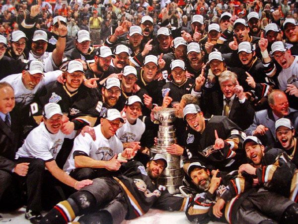 Anaheim Ducks players pose for a group photo after they clinch the team's very first Stanley Cup title on June 6, 2007.