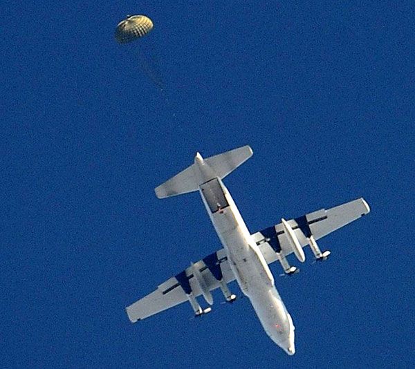 The Orion test article is dropped from a C-130 aircraft 25,000 feet above the U.S. Army's Yuma Proving Grounds in Arizona, on December 21, 2011.