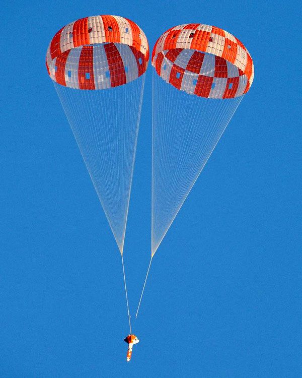 The Orion's parachutes are deployed above the U.S. Army's Yuma Proving Grounds in Arizona, on December 21, 2011.