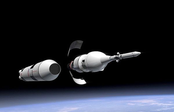 A computer-generated image depicting the Orion spacecraft and its Interim Cryogenic Propulsion Stage separating from the Space Launch System's first stage motor...beginning Exploration Mission 1 on December 17, 2017. A computer-generated image depicting the Orion spacecraft and its Interim Cryogenic Propulsion Stage separating from the Space Launch System's first stage motor...beginning Exploration Mission 1 on December 17, 2017.