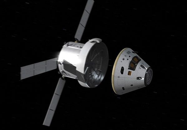 A computer-generated image depicting the Orion spacecraft separating from its service module prior to re-entering Earth's atmosphere...following a flyby of the Moon during Exploration Mission 1 in 2017. A computer-generated image depicting the Orion spacecraft separating from its service module prior to re-entering Earth's atmosphere...following a flyby of the Moon during Exploration Mission 1 in 2017.