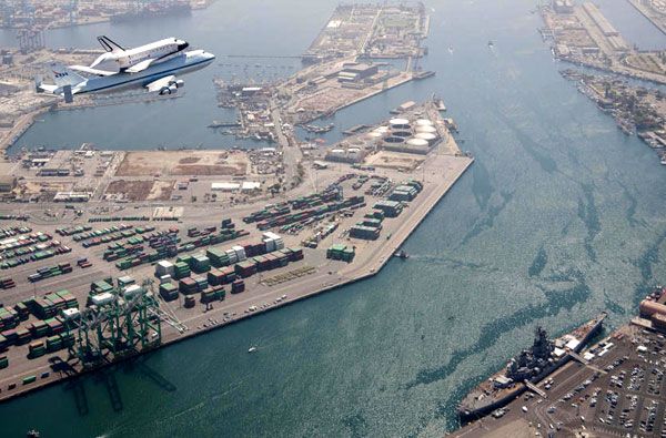 Endeavour and NASA 905 fly over the retired battleship USS Iowa in San Pedro on September 21, 2012.