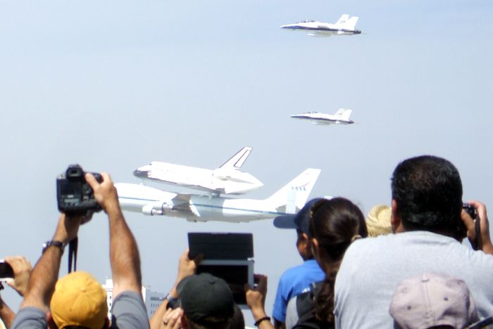 A photo I took of Endeavour and NASA 905, plus two NASA F/A-18 chase planes, performing a flyover of LAX on September 21, 2012.