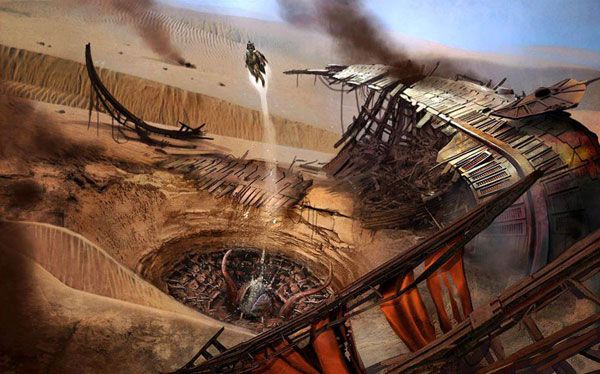 An illustration depicting Boba Fett escaping from the Sarlacc Pitt following the events of RETURN OF THE JEDI.