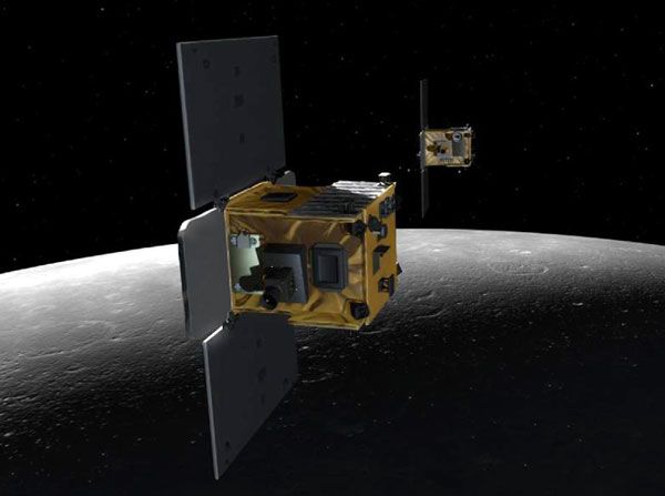 An artist's concept of the Ebb and Flow spacecraft, which comprised NASA's GRAIL mission, in lunar orbit.