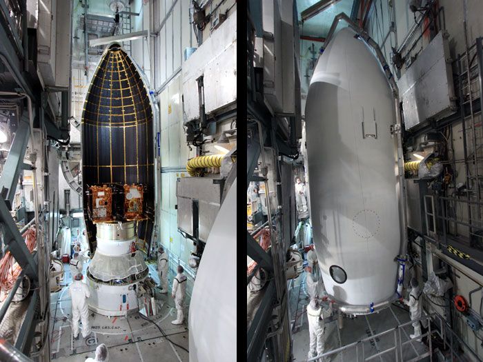 Before-and-after images of the GRAIL spacecraft being encapsulated by the Delta II rocket's payload fairing on August 24, 2011.