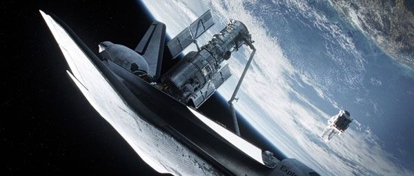 The Hubble Space Telescope is repaired during a fictional space shuttle mission in GRAVITY. The Hubble Space Telescope is repaired during a fictional space shuttle mission in GRAVITY.