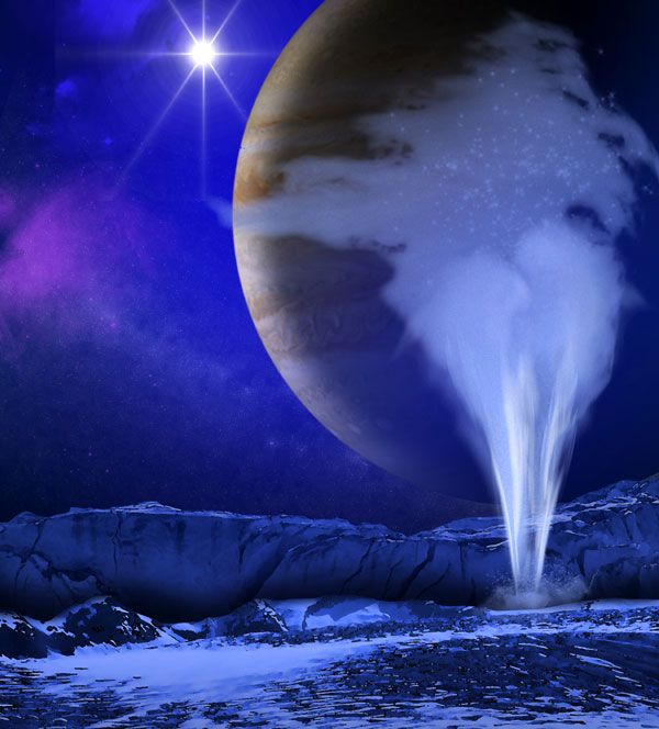 An artist's concept of a plume of water vapor ejecting from the surface of Europa, one of Jupiter's moons.