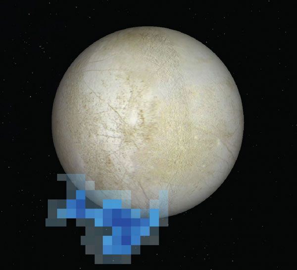 This image shows the location of water vapor detected over the south pole of Europa in observations taken by NASA's Hubble Space Telescope...in December of 2012.