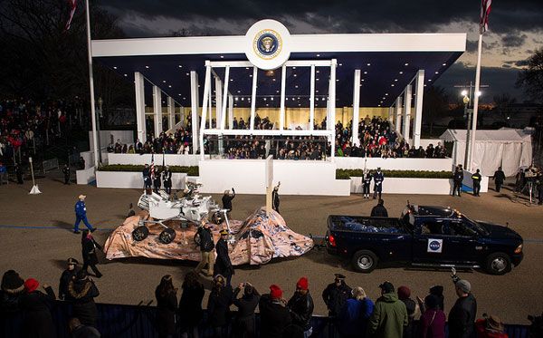 A full-size replica of NASA's Curiosity Mars rover passes by the Presidential viewing stand during the Inaugural Parade on January 21, 2013.