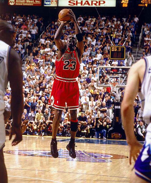 The Chicago Bulls' Michael Jordan makes the game-winning shot against the Utah Jazz in the 1998 NBA Finals...on June 14, 1998.