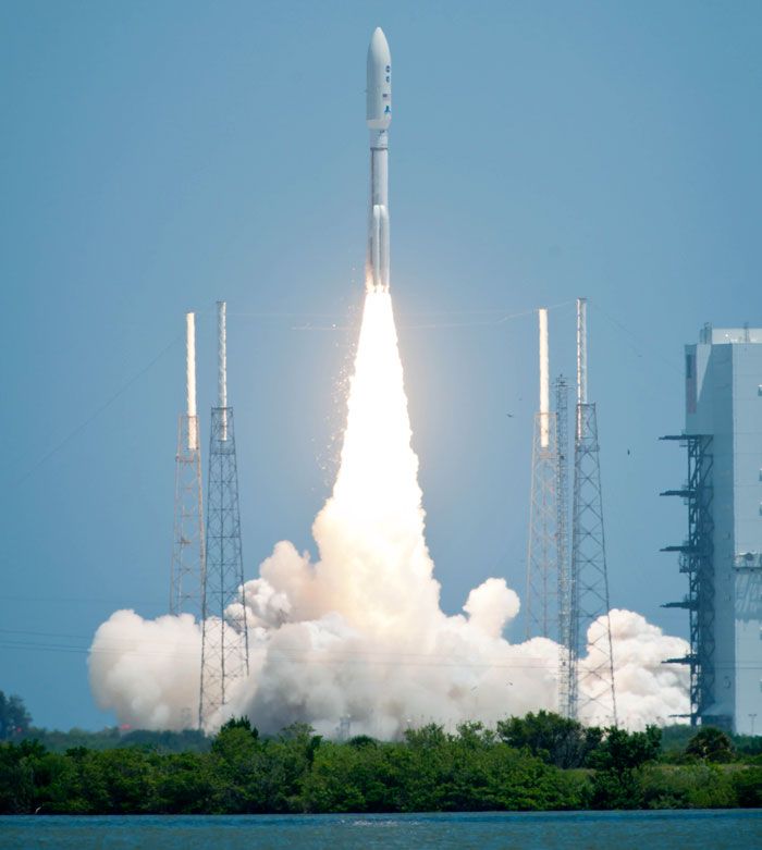 An Atlas V rocket carrying the Juno spacecraft launches from Cape Canaveral Air Force Station in Florida on August 5, 2011.