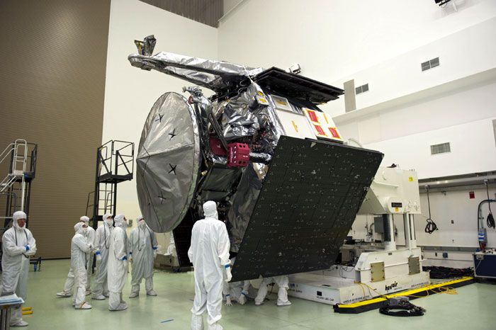 The Juno spacecraft undergoes pre-launch processing at Astrotech's payload processing facility in Titusville, Florida...on June 16, 2011.