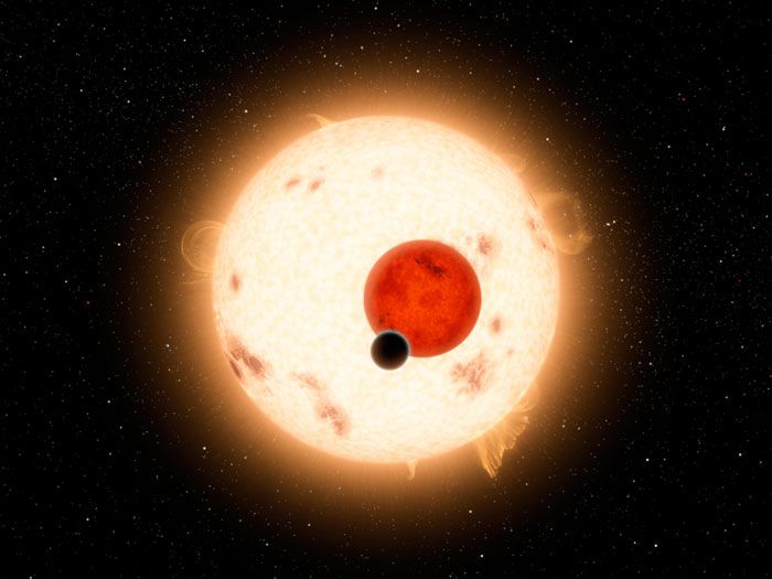 An artist's concept of Kepler-16b orbiting its two parent stars.