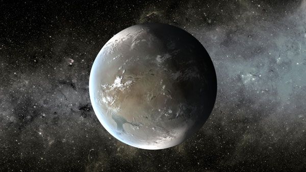An artist's concept of Kepler-62f, a super-Earth-size exoplanet in the habitable zone of a star (smaller and cooler than our Sun) that is located about 1,200 light-years from Earth in the constellation Lyra.