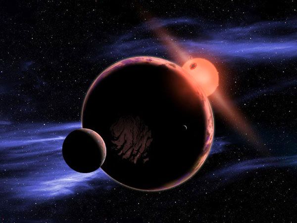 An artist's concept of a planetary system orbiting a red dwarf star.