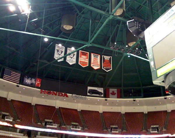 A camera phone pic I took of the Anaheim Ducks' championship banner at the Honda Center, on January 27, 2012.