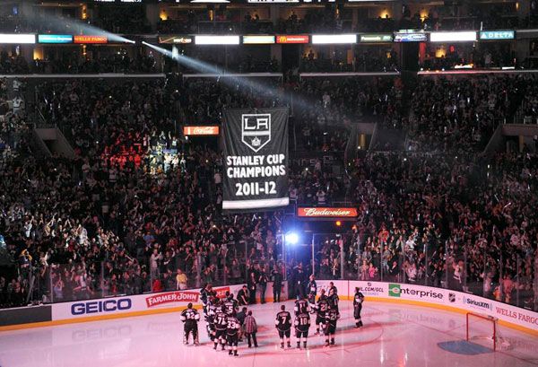 The Los Angeles Kings' championship banner is raised at STAPLES Center during a pregame ceremony on January 19, 2013.
