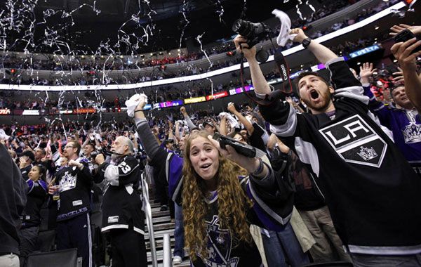 Thousands of fans celebrate inside STAPLES Center as the Los Angeles Kings clinch their very first Stanley Cup title on June 11, 2012.