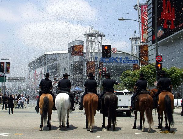 Silver confetti and poop (from the horse at far right) mark the end of the Los Angeles Kings' championship parade in downtown L.A., on June 14, 2012.