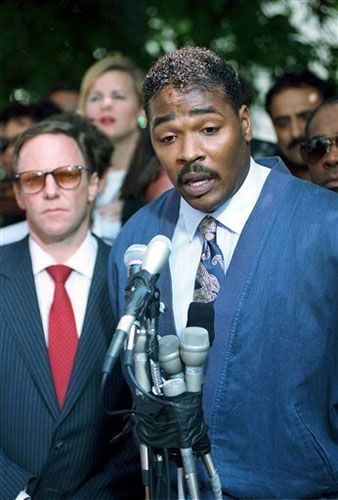 Rodney King conducts a press conference calling for an end to the 1992 Los Angeles riots.