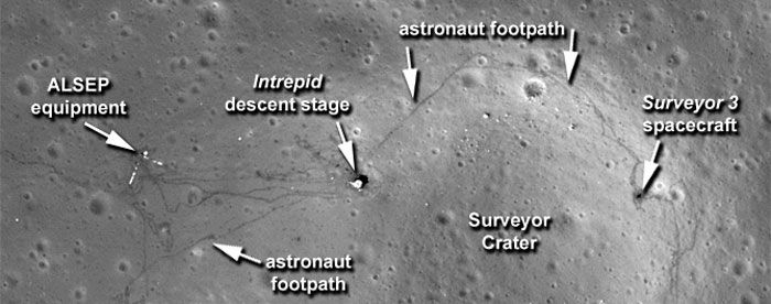 A Lunar Reconnaissance Orbiter (LRO) photo of the Apollo 12 landing site that was publicly released by NASA on September 6, 2011.