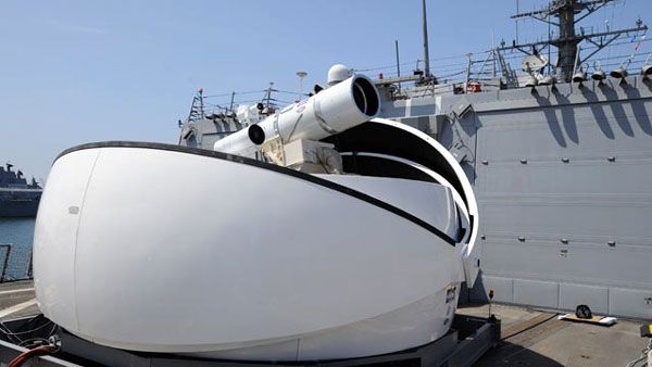 An image of the Laser Weapon System aboard the U.S. Navy warship USS Dewey.