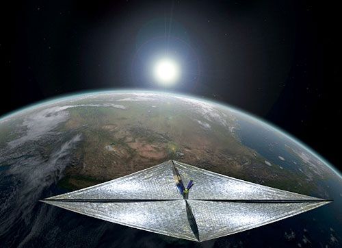 An artist's concept of the LIGHTSAIL-1 spacecraft in Earth orbit.