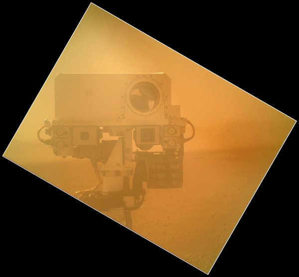 A Mars Hand Lens Imager (MAHLI) photo of the Curiosity rover's Mastcam, taken on September 7, 2012. The clear dust cover for the camera's lens was closed for this pic.