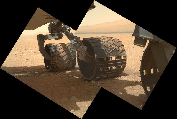 A MAHLI image of three of the Curiosity rover's six wheels, taken on September 9, 2012.