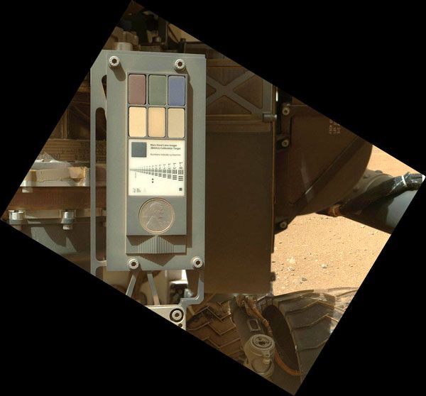 A MAHLI image of its calibration target on the Curiosity rover, taken on September 9, 2012.