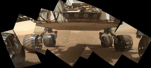 A MAHLI image of the Curiosity rover's six wheels and four hazard avoidance cameras, taken on September 9, 2012.