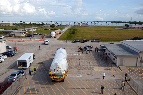 The Centaur upper stage (foreground) and the Atlas V first stage motor (background) that will be used to launch the MAVEN spacecraft to Mars arrive at Cape Canaveral Air Force Station in Florida...on August 26, 2013.