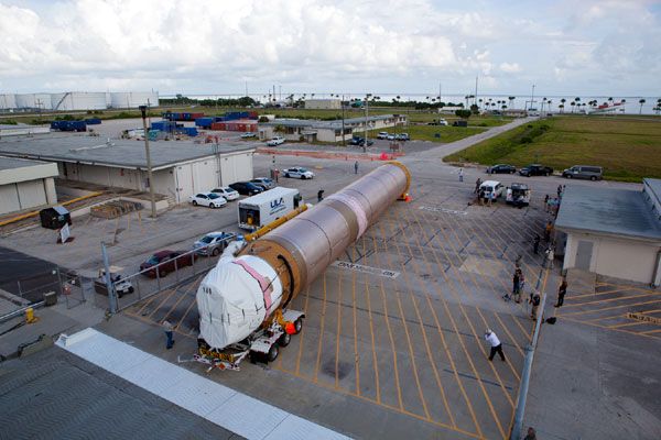 The Atlas V first stage motor that will be used to launch the MAVEN spacecraft to Mars arrives at Cape Canaveral Air Force Station in Florida...on August 26, 2013.