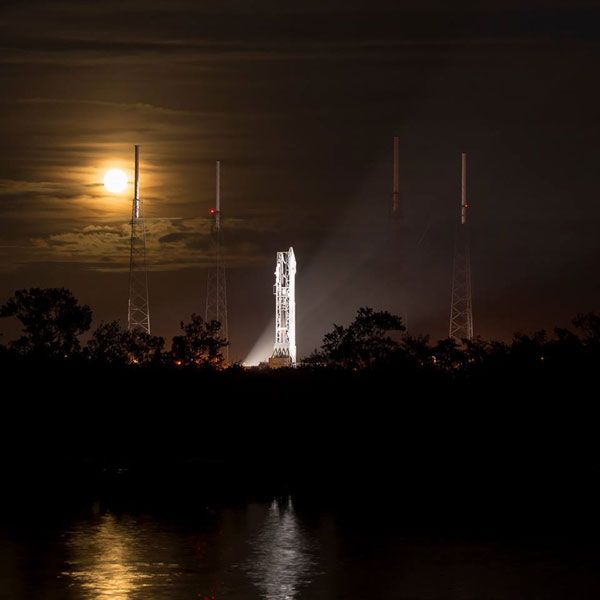 The Atlas V rocket carrying NASA's Mars-bound MAVEN orbiter is illuminated by xenon lights at Cape Canaveral Air Force Station in Florida, on November 17, 2013.