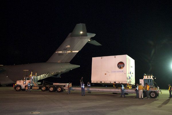 NASA's MAVEN spacecraft is about to be transported to the Payload Hazardous Servicing Facility at the Kennedy Space Center in Florida...after arriving at the Space Coast to begin launch preps on August 2, 2013.