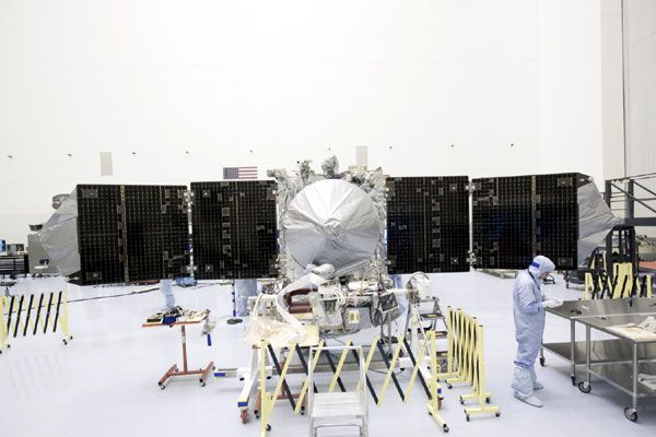 NASA's MAVEN spacecraft is prepped for display at the Kennedy Space Center in Florida, on September 24, 2013.