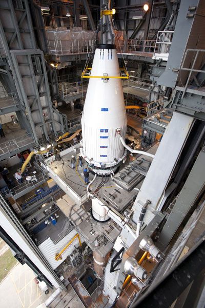 The payload fairing containing NASA's MAVEN spacecraft is mated to its Atlas V launch vehicle at Cape Canaveral Air Force Station in Florida, on November 8, 2013.