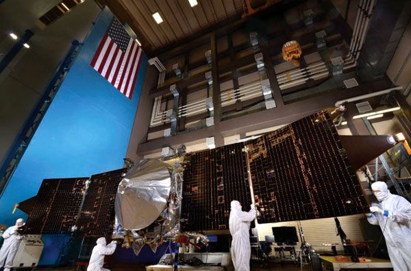 The MAVEN spacecraft undergoes testing at the Lockheed Martin Space Systems facility in Littleton, Colorado in early 2013.
