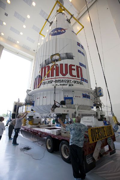On November 6, 2013, the MAVEN spacecraft is ready to be mated to its Atlas V launch vehicle after being encapsulated within the rocket's payload fairing.