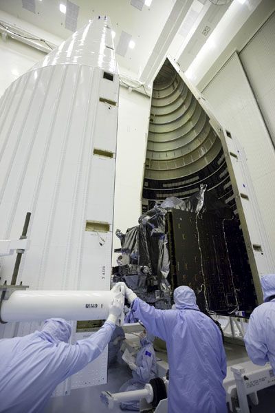 At NASA's Kennedy Space Center in Florida, the MAVEN spacecraft is about to be encapsulated within its Atlas V payload fairing...on November 2, 2013.