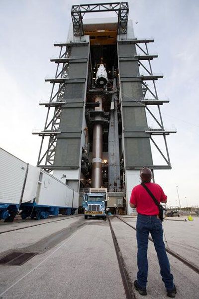 The payload fairing containing NASA's MAVEN spacecraft is about to be mated to its Atlas V launch vehicle at Cape Canaveral Air Force Station in Florida, on November 8, 2013.