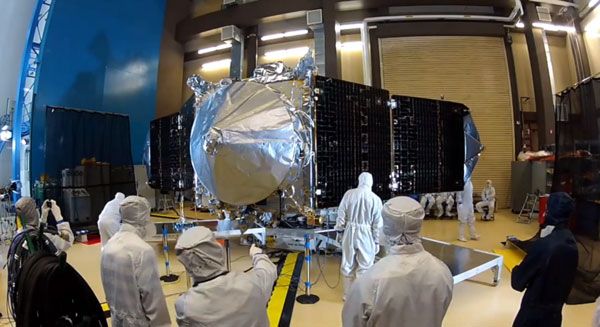 NASA's MAVEN spacecraft deploys its twin solar arrays during testing at Lockheed Martin Space Systems Company in Colorado.