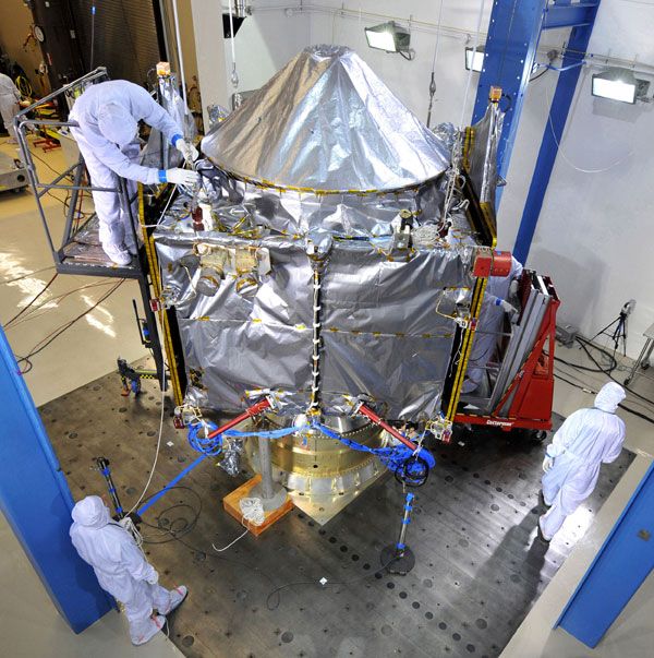 NASA's MAVEN spacecraft undergoes acoustics testing at the Lockheed Martin facility in Colorado.