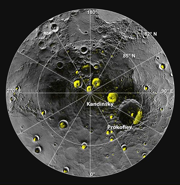 A mosaic of MESSENGER images of Mercury's north polar region...showing craters that harbor water ice.