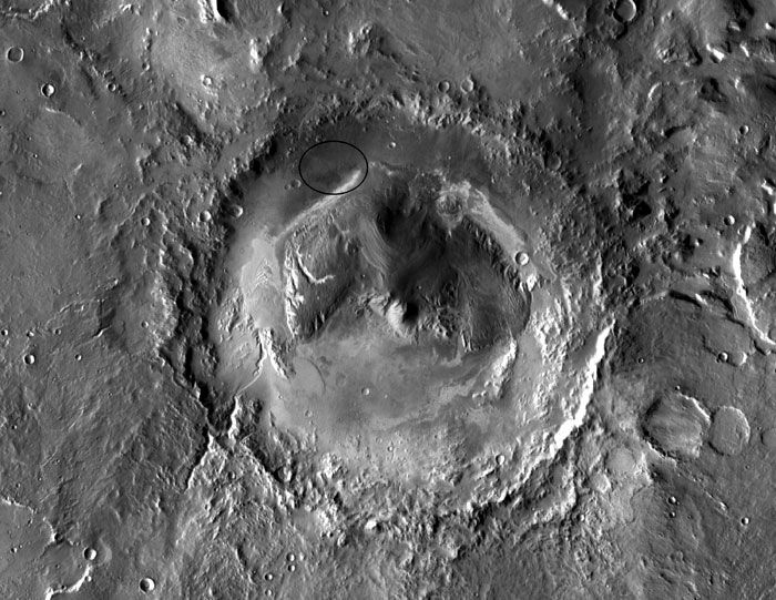 An image of Gale Crater, taken by NASA's Mars Odyssey orbiter, that shows the area (circled in black) where Curiosity will land in August of 2012.