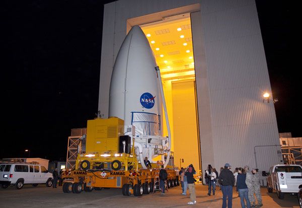 The Curiosity rover, now encased inside its payload fairing, is about to be transported to Space Launch Complex (SLC) 41, where the Atlas V rocket that will send it to Mars awaits.