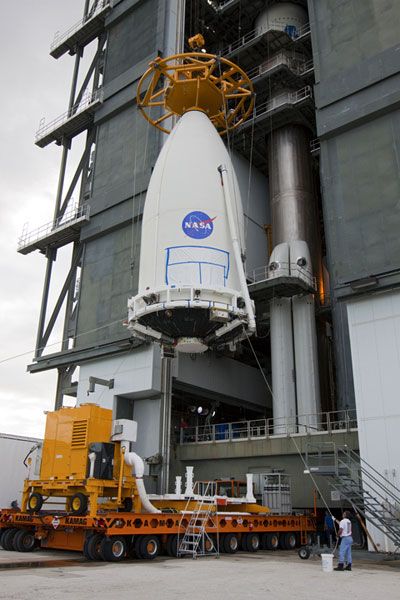 The Curiosity rover's payload fairing is about to be hoisted into the Vertical Integration Facility at SLC-41, prior to being attached to its Atlas V launch vehicle.